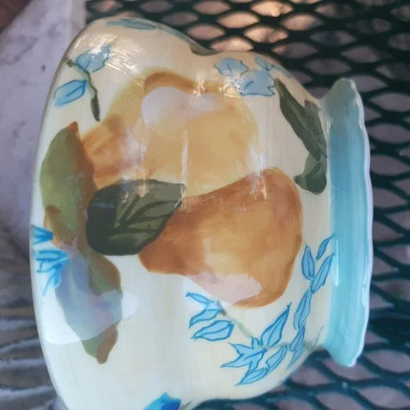 Tracy Porter Hand Painted 10oz Coffee Mug Tea Cup Yellow Blue Flowers Pear